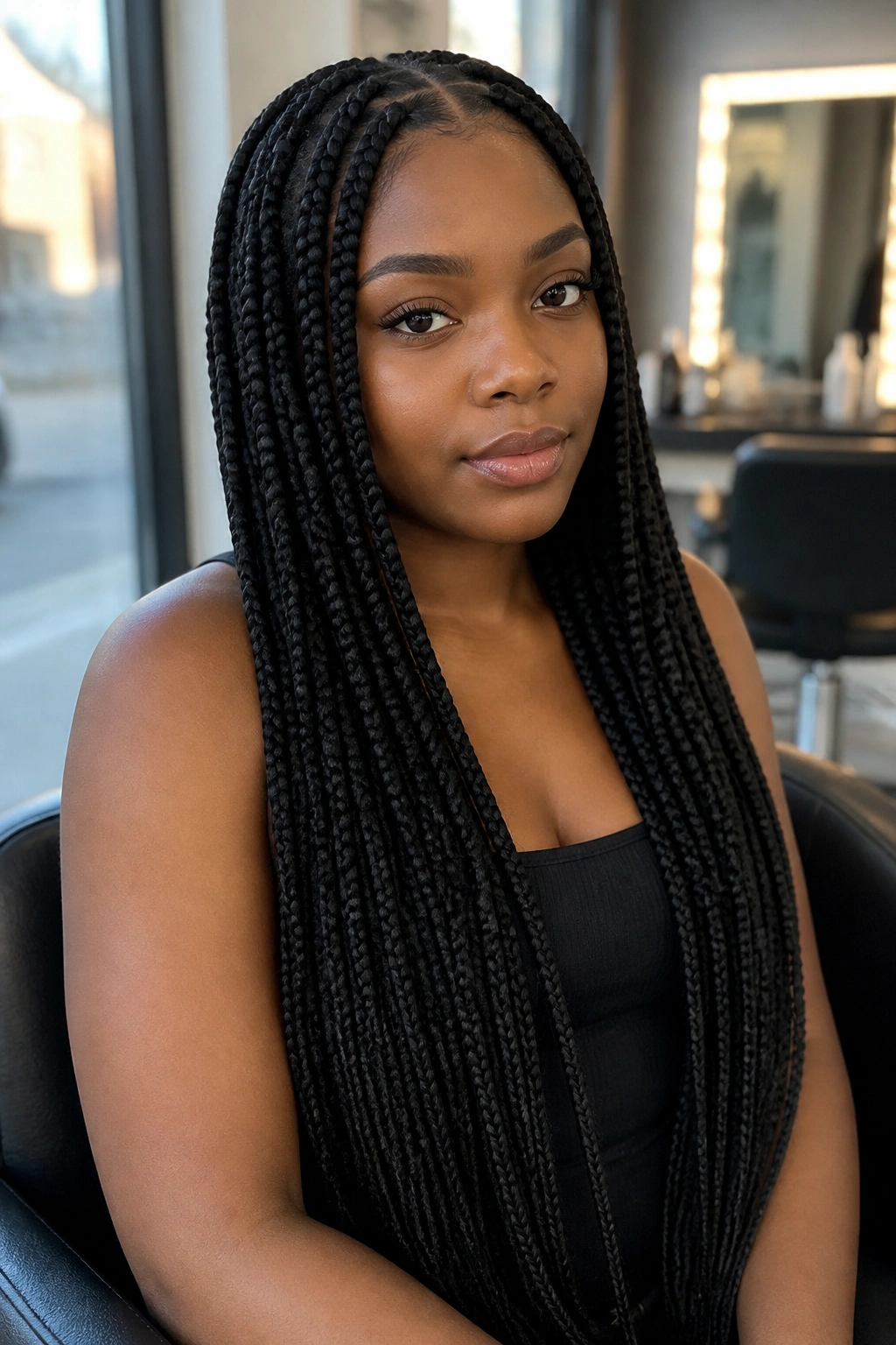 Close-up of a real woman with waist-length jet-black box braids in a salon