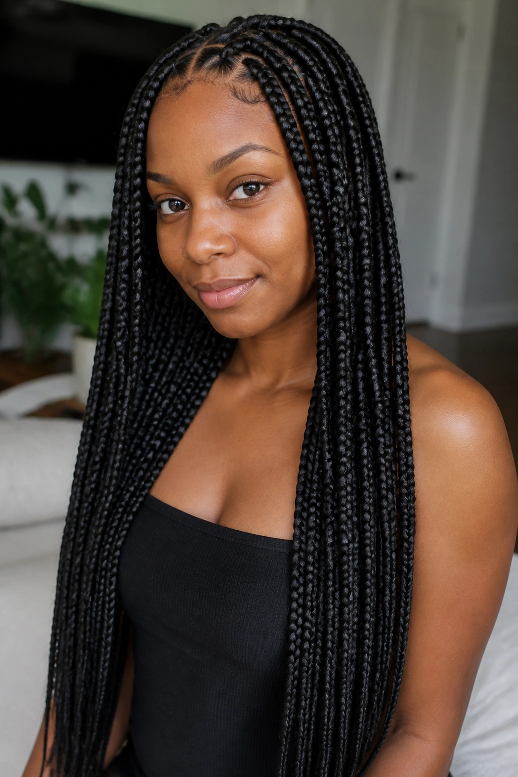 Portrait of a woman with waist-length box braids and visible knot