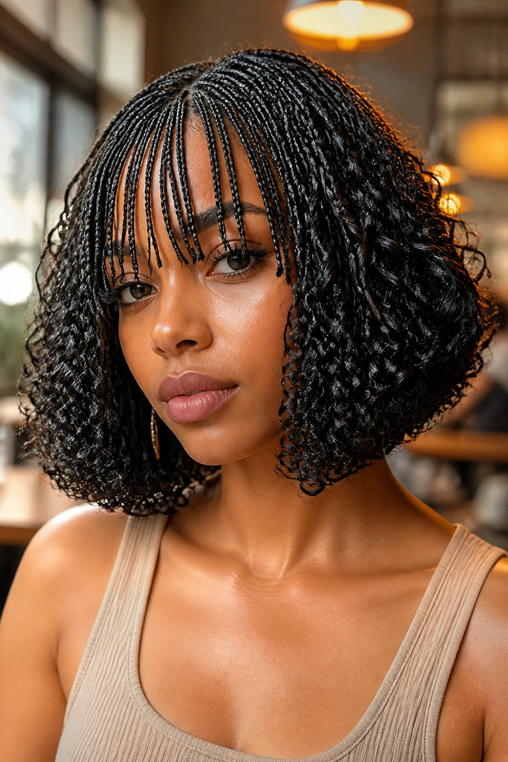 Close-up of a real woman with braided bangs and a goddess bob.