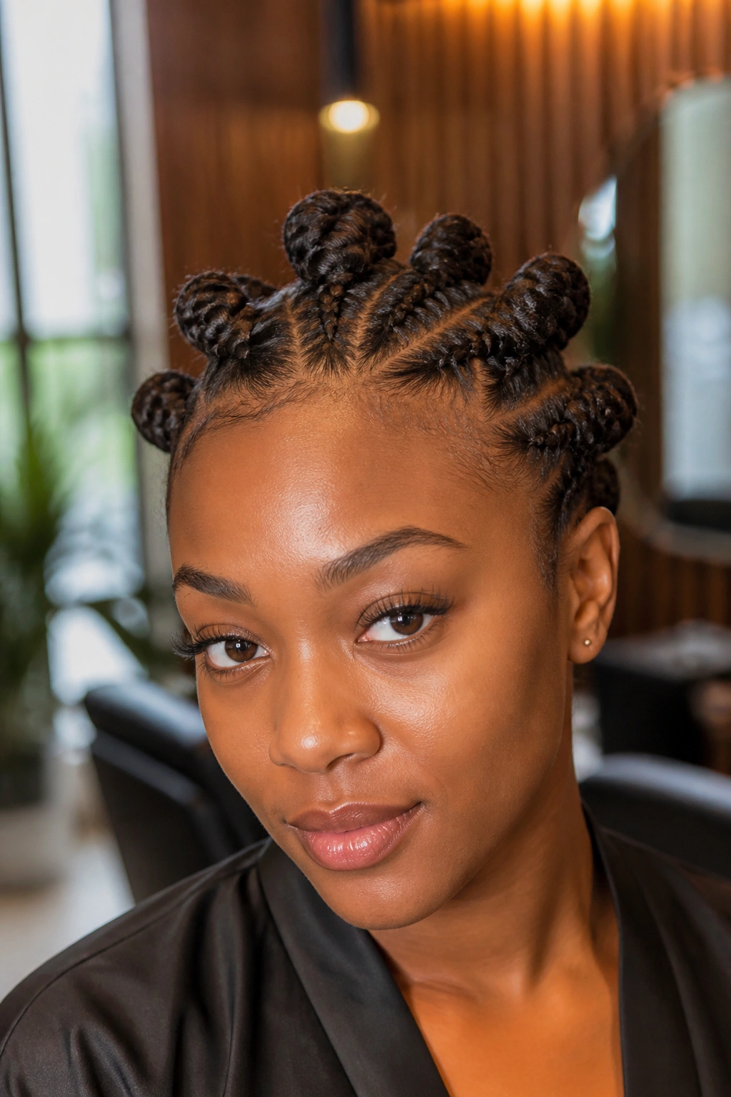 Front-braided bantu knot accents on a real person