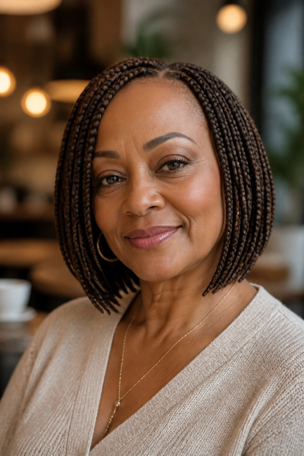 Woman over 50 with a braided bob and tapered ends.