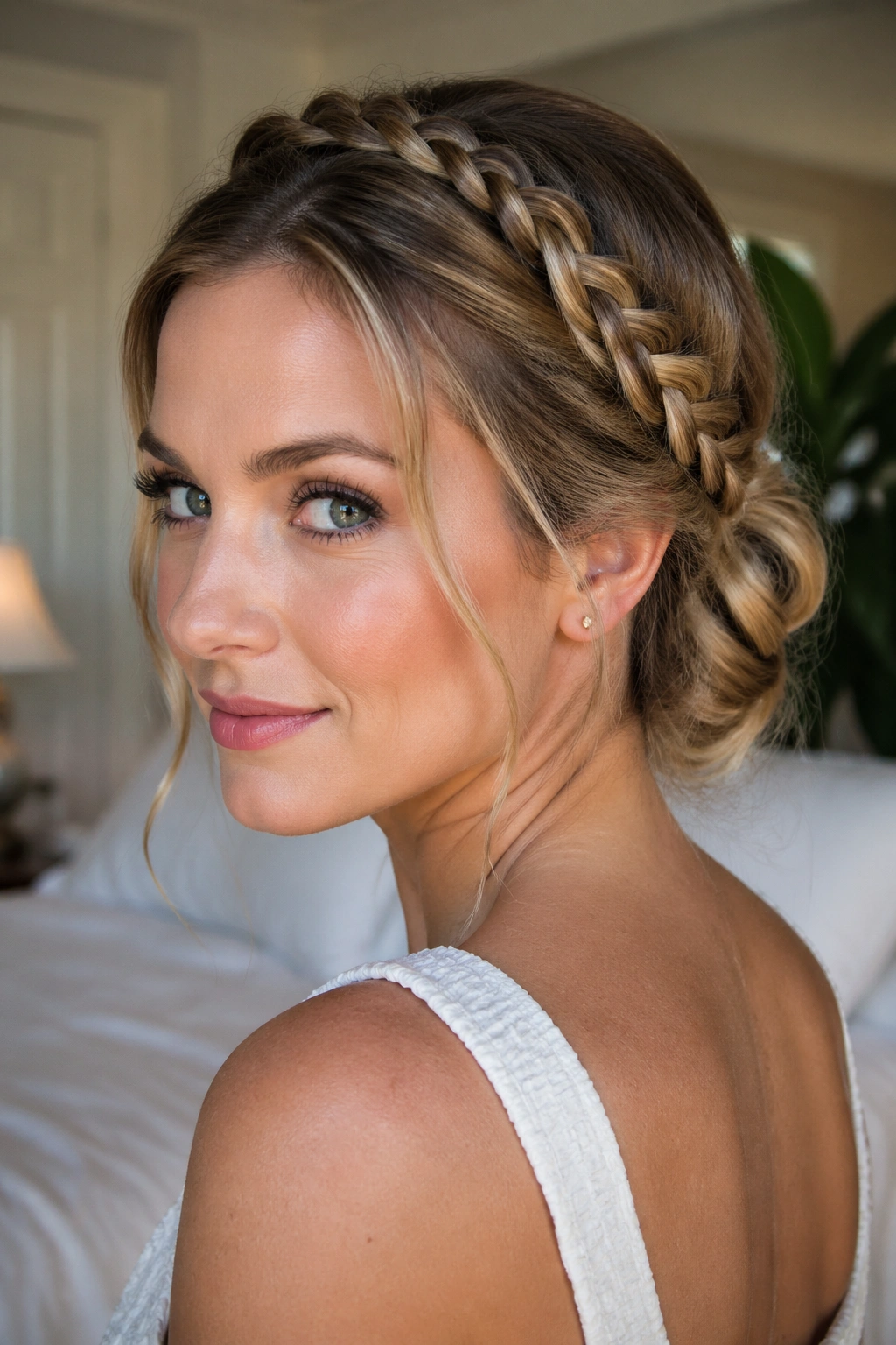 Close-up of real woman with braided halo and low bun.