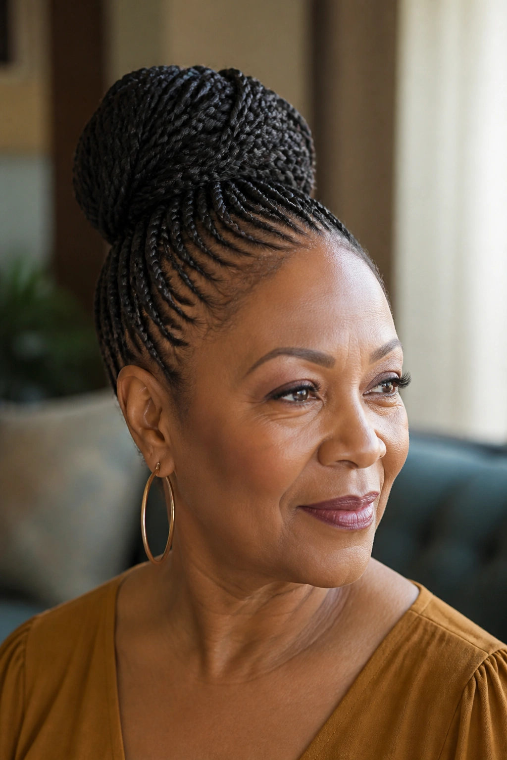 Real woman with braided high bun crown updo