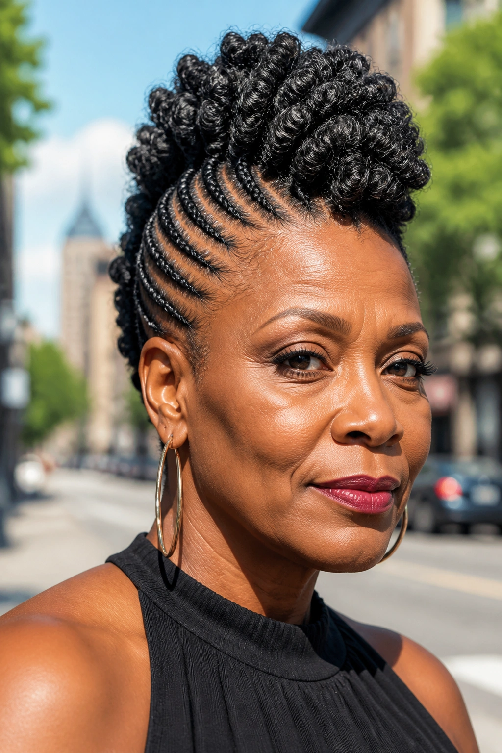 Close-up of a real woman with a braided mohawk and center puff