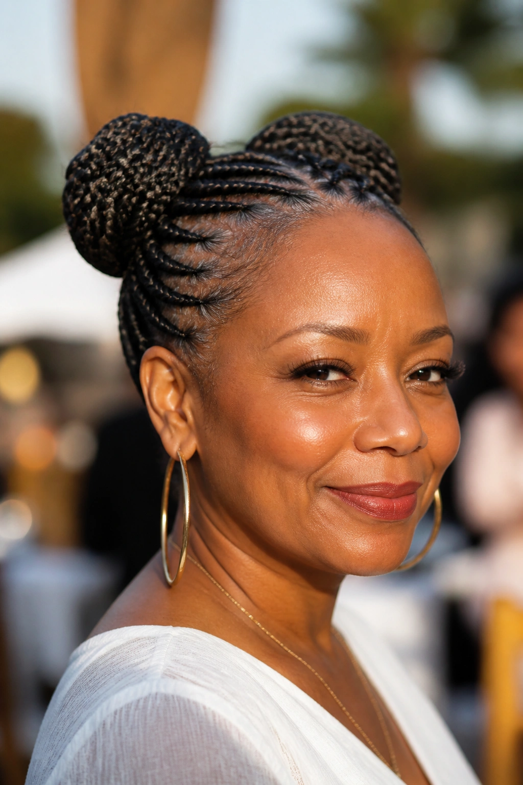 Real woman with two large space knot braids at a low position