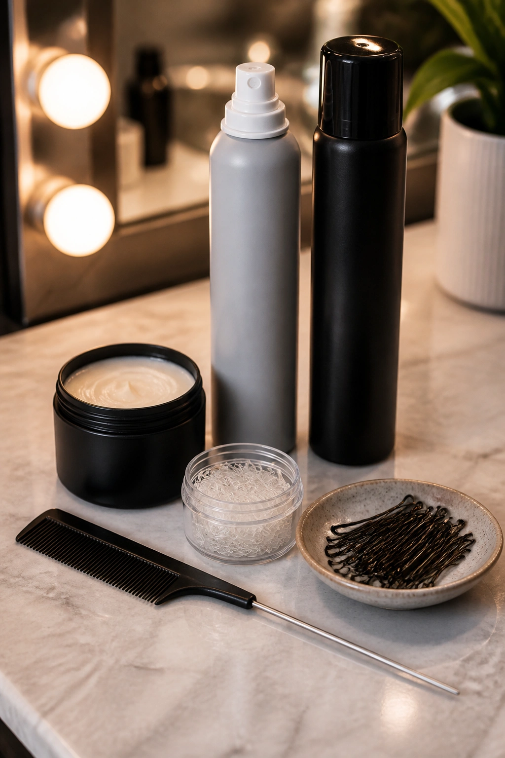 Close-up of essential braiding tools kit for short hair on a vanity