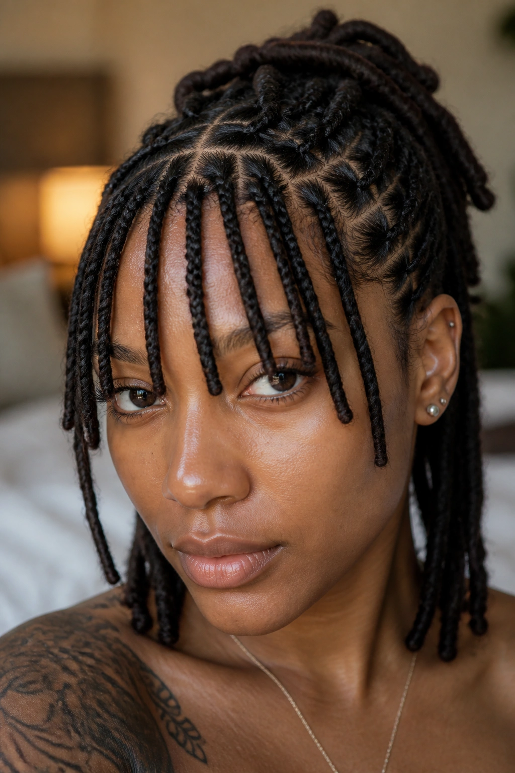 Close-up of a real Black woman with individual braided bangs framing the eyes