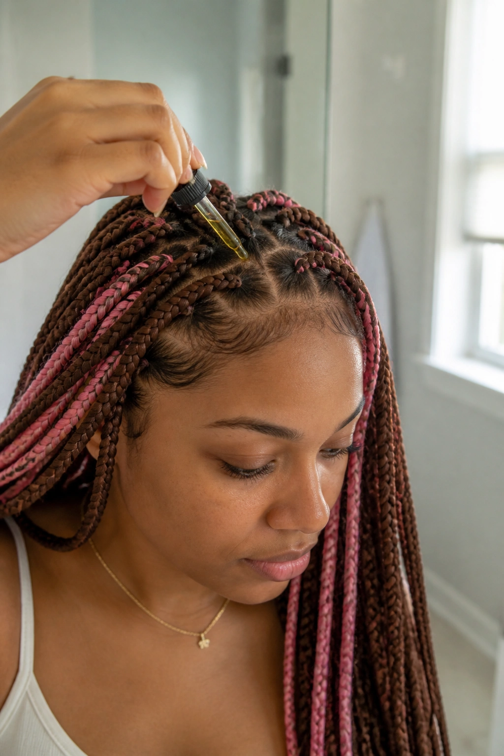 Close-up of a real person with knotless braids and scalp care hand in a bright bathroom