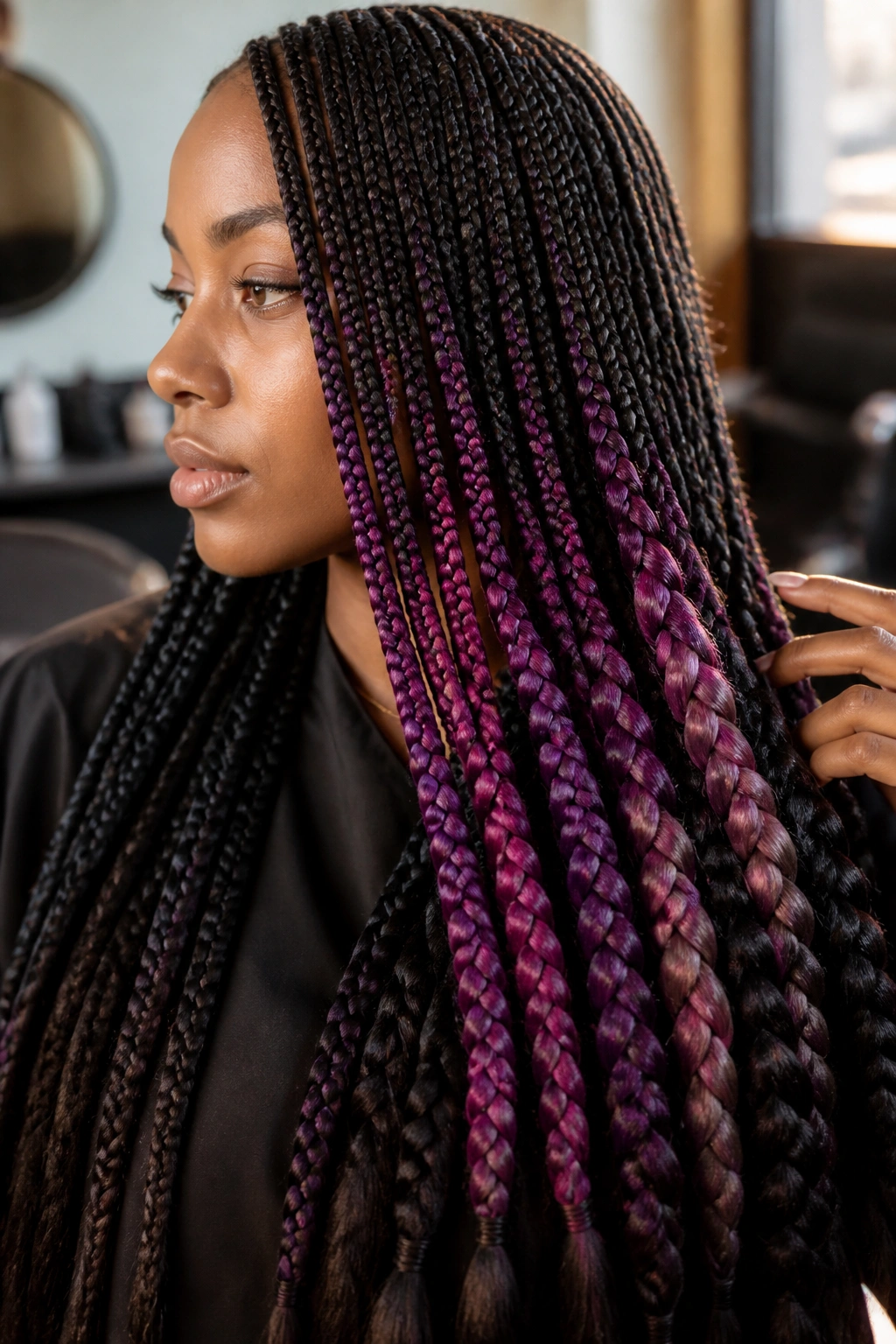 Close-up of a real person showing mixed braid sizes in box braids