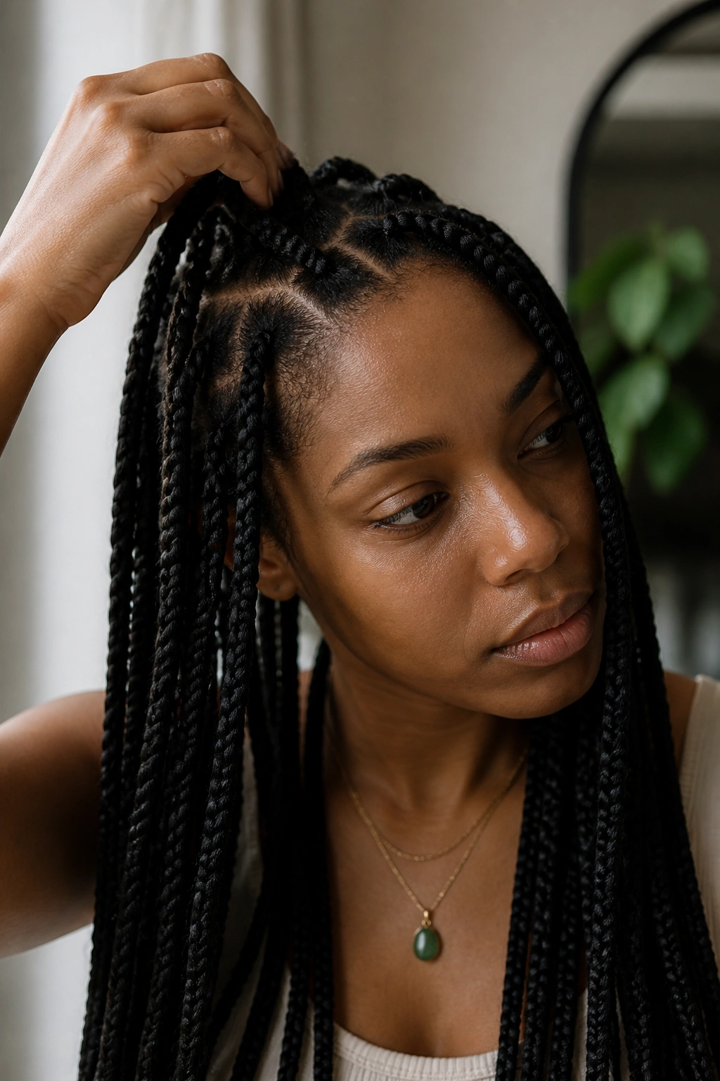 Person inspecting waist-length braids near the scalp
