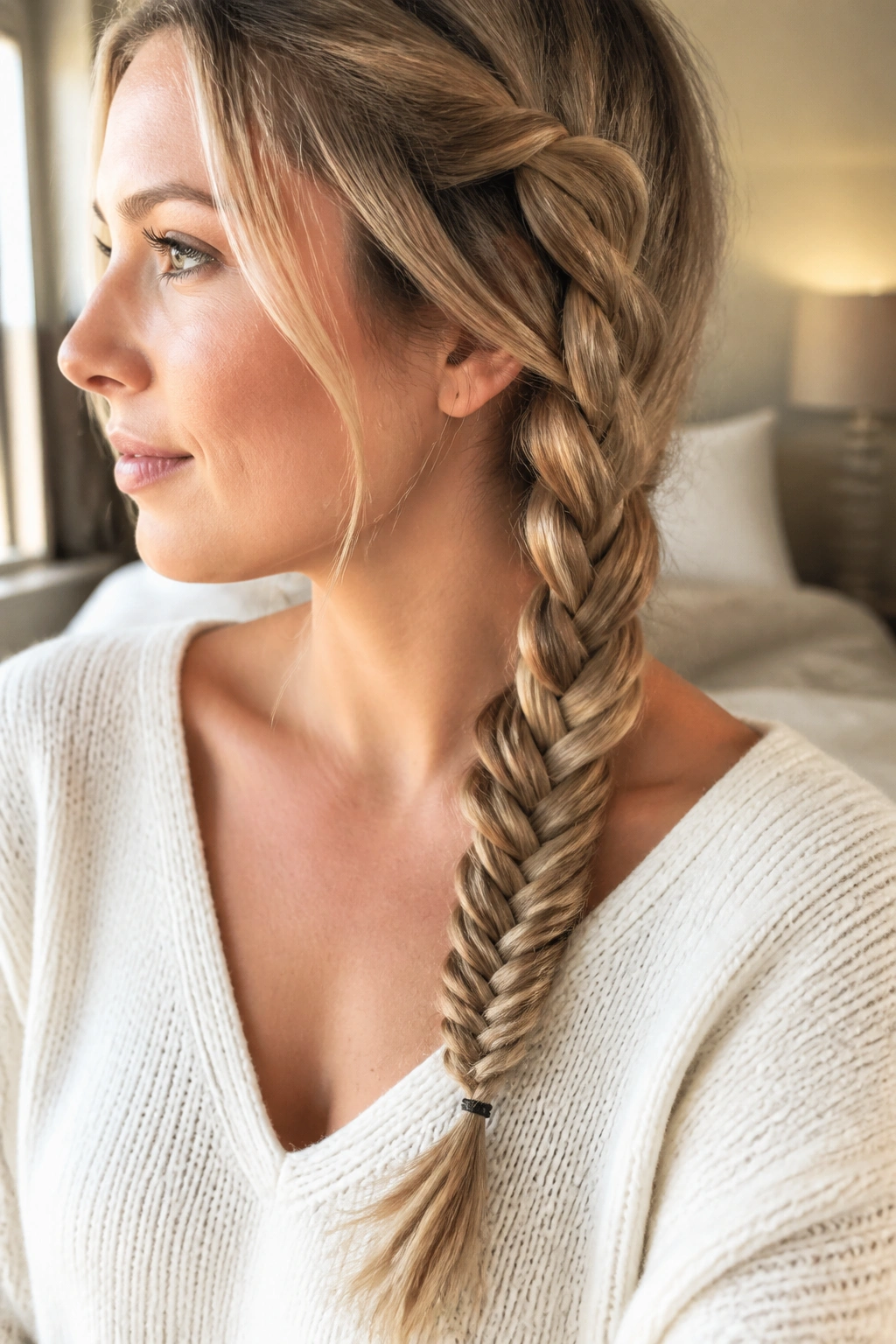 Close-up portrait of a real woman showing a triple-strand to fishtail transition in long layered hair