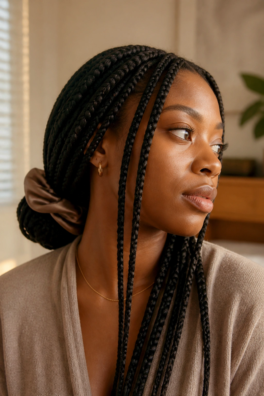 Portrait showing long box braids tied in a loose bun with silk scrunchie