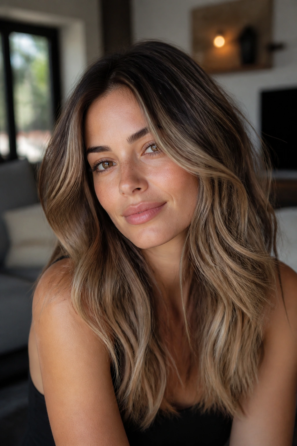 Close-up portrait of a woman with bronde hair color blending brown and blonde