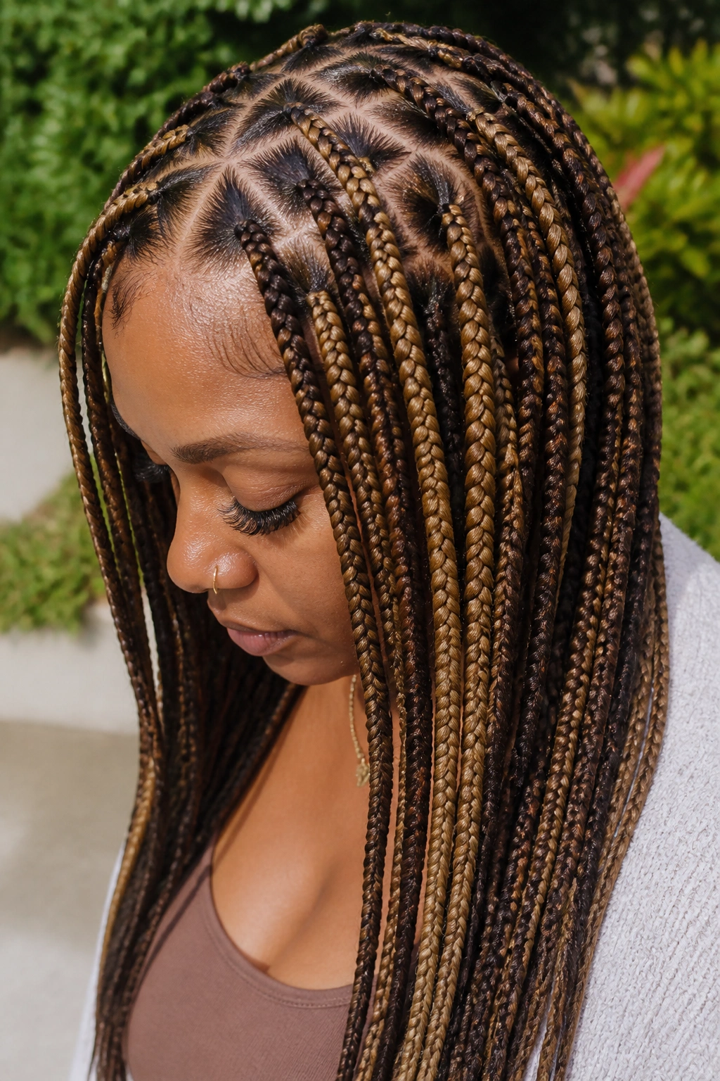 Close-up of real woman knotless braids with bronde brown and blonde tones in natural light.