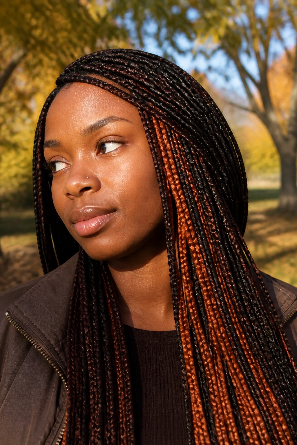 Woman with brown and burnt orange box braids in fall setting