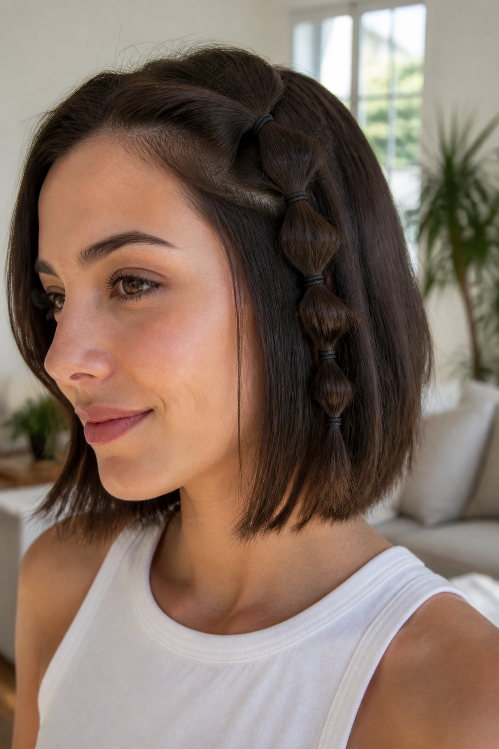 Close-up of bubble braid along chin-length bob created by elastics