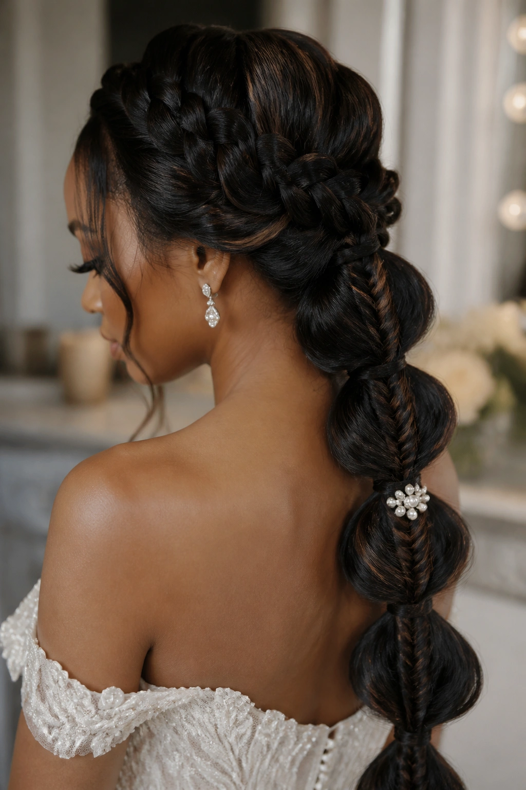 Bride with fishtail bubble braid hybrid hairstyle
