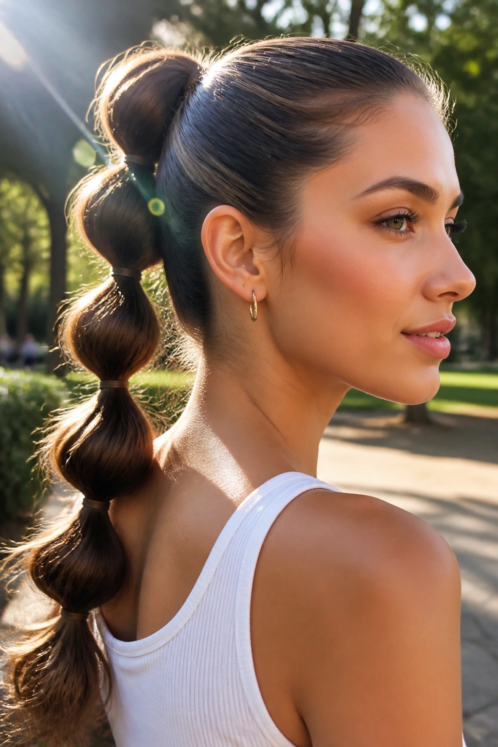 Close-up of a woman with a bubble braid ponytail