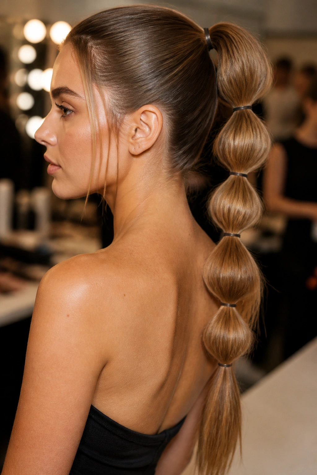 Close-up of a real woman with a multi-tiered bubble braid on a long ponytail
