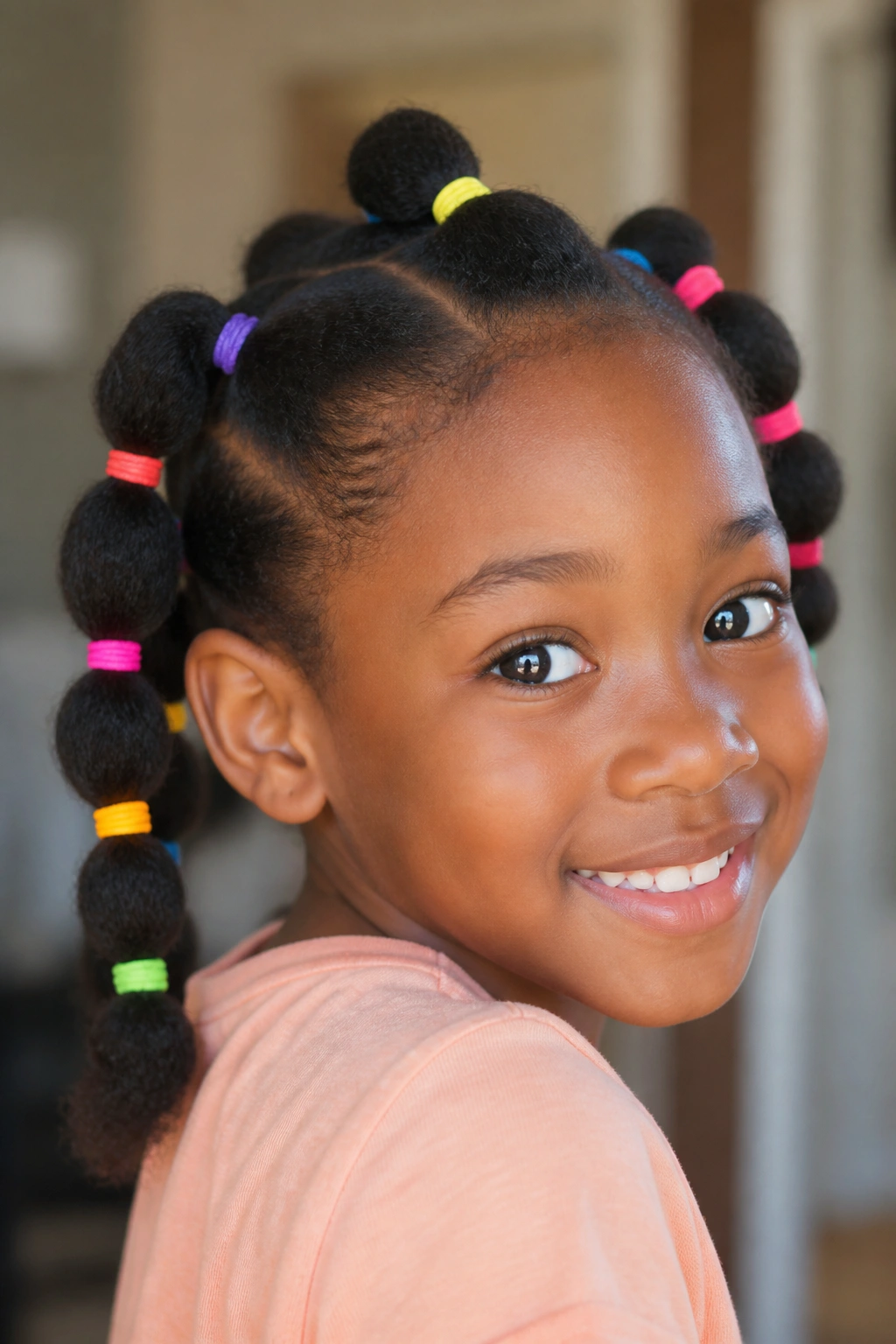 Bubble braids with colorful elastic ties on a child’s head