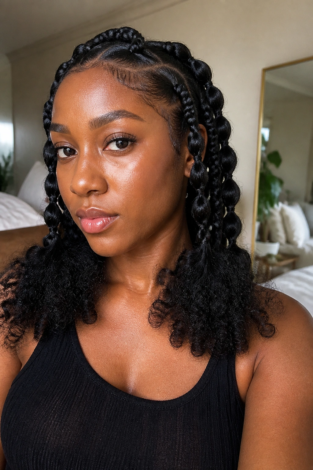 Close-up of a real woman with bubble braids ending in curly leave-out ends