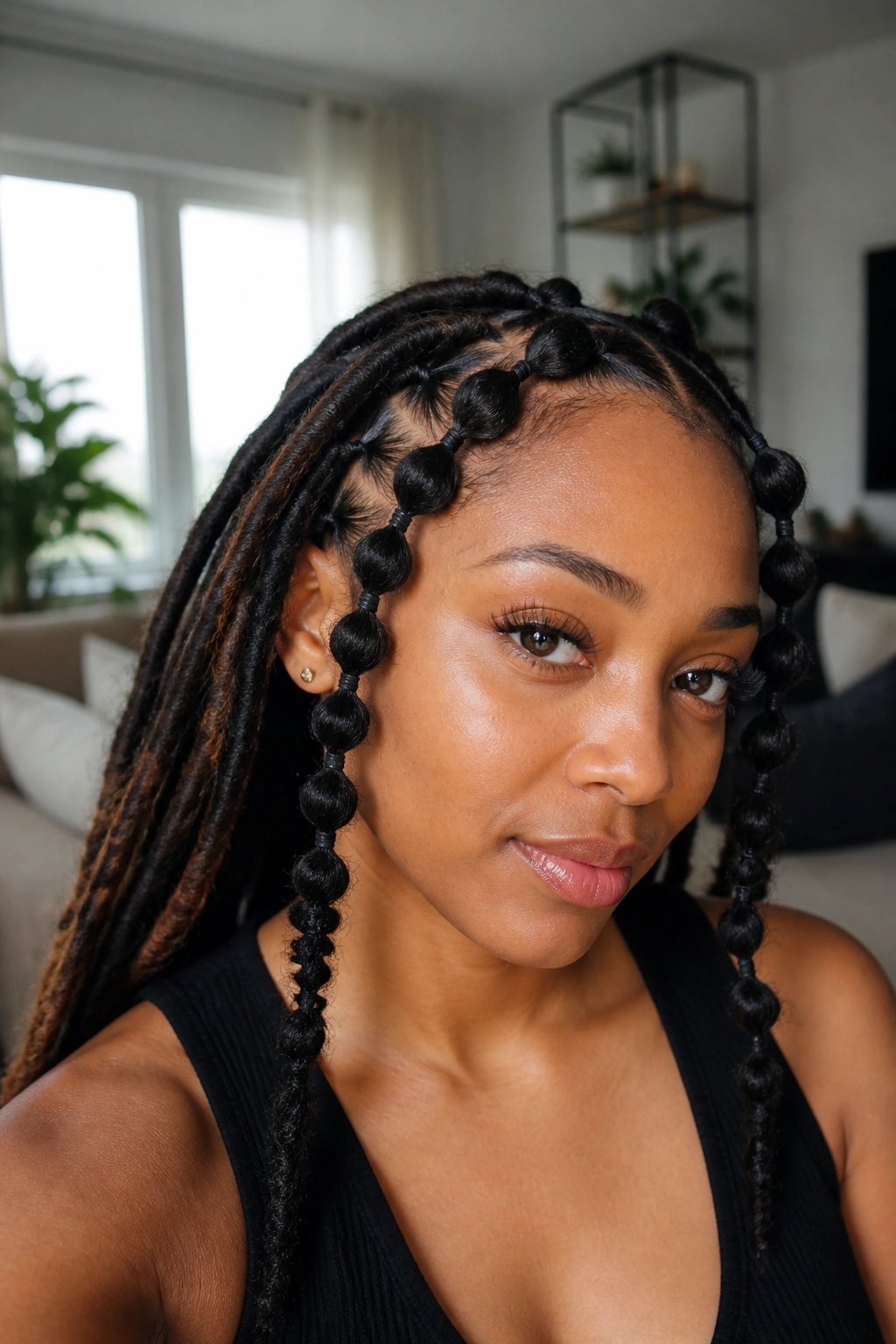 Close-up of a woman with bubble braids along the front of her head