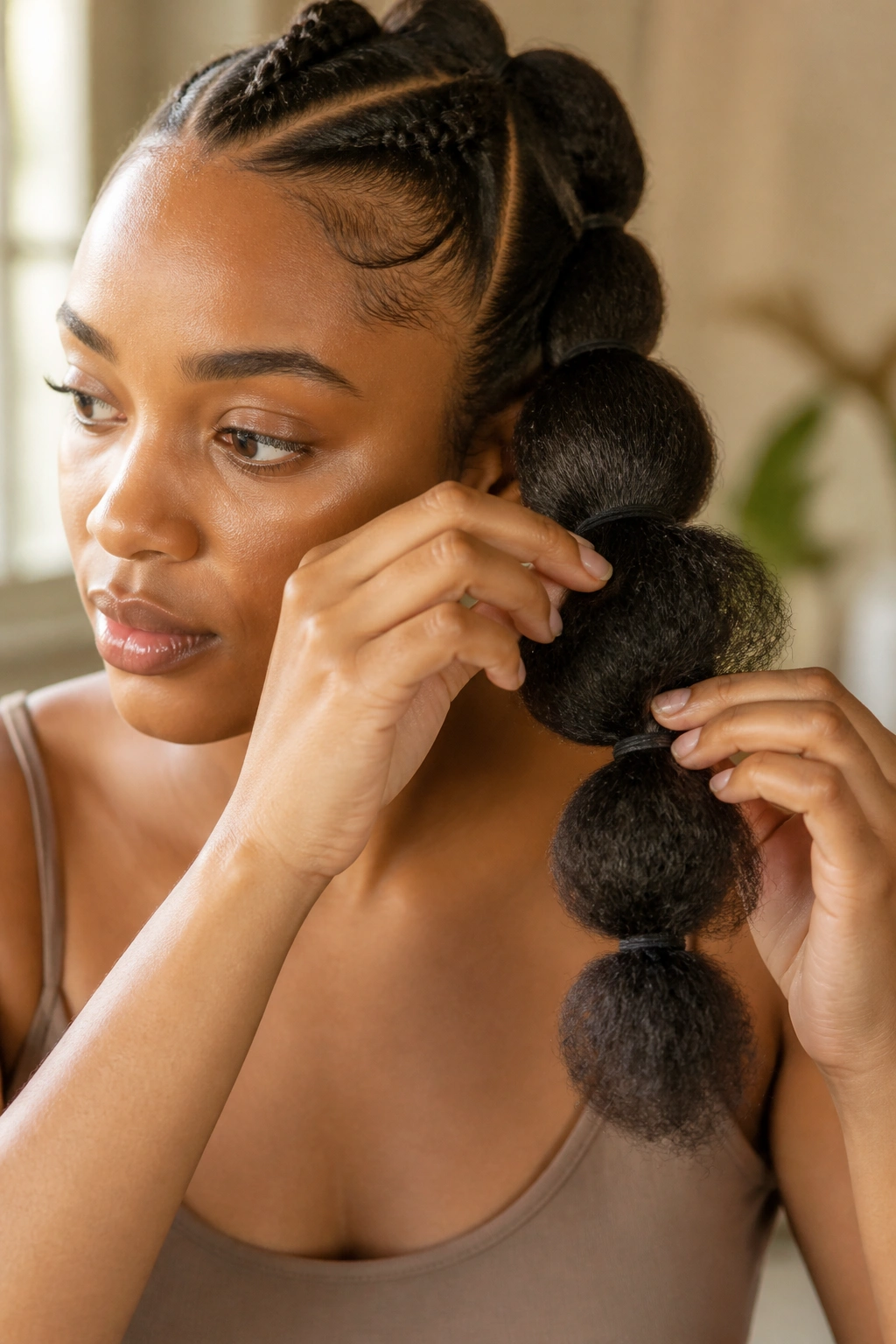 Close-up of a real woman's bubble braid being puffed to create a rounded bubble