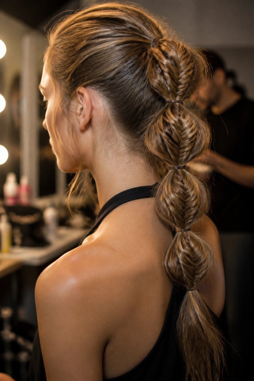 Close-up of a real woman with a bubble fishtail combo ponytail