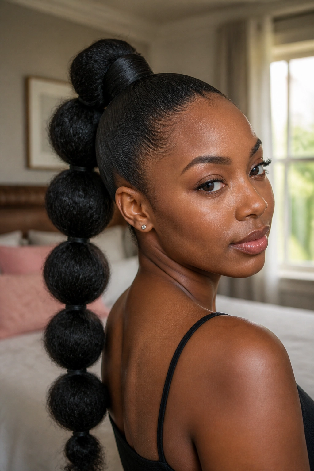 Close-up of a real woman with a high-volume bubble ponytail in natural window light