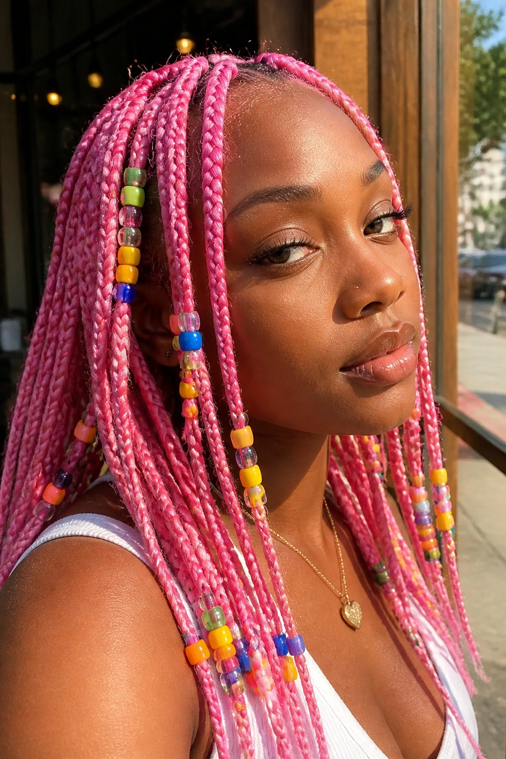 Close-up bubblegum pink knotless braids with rainbow beads