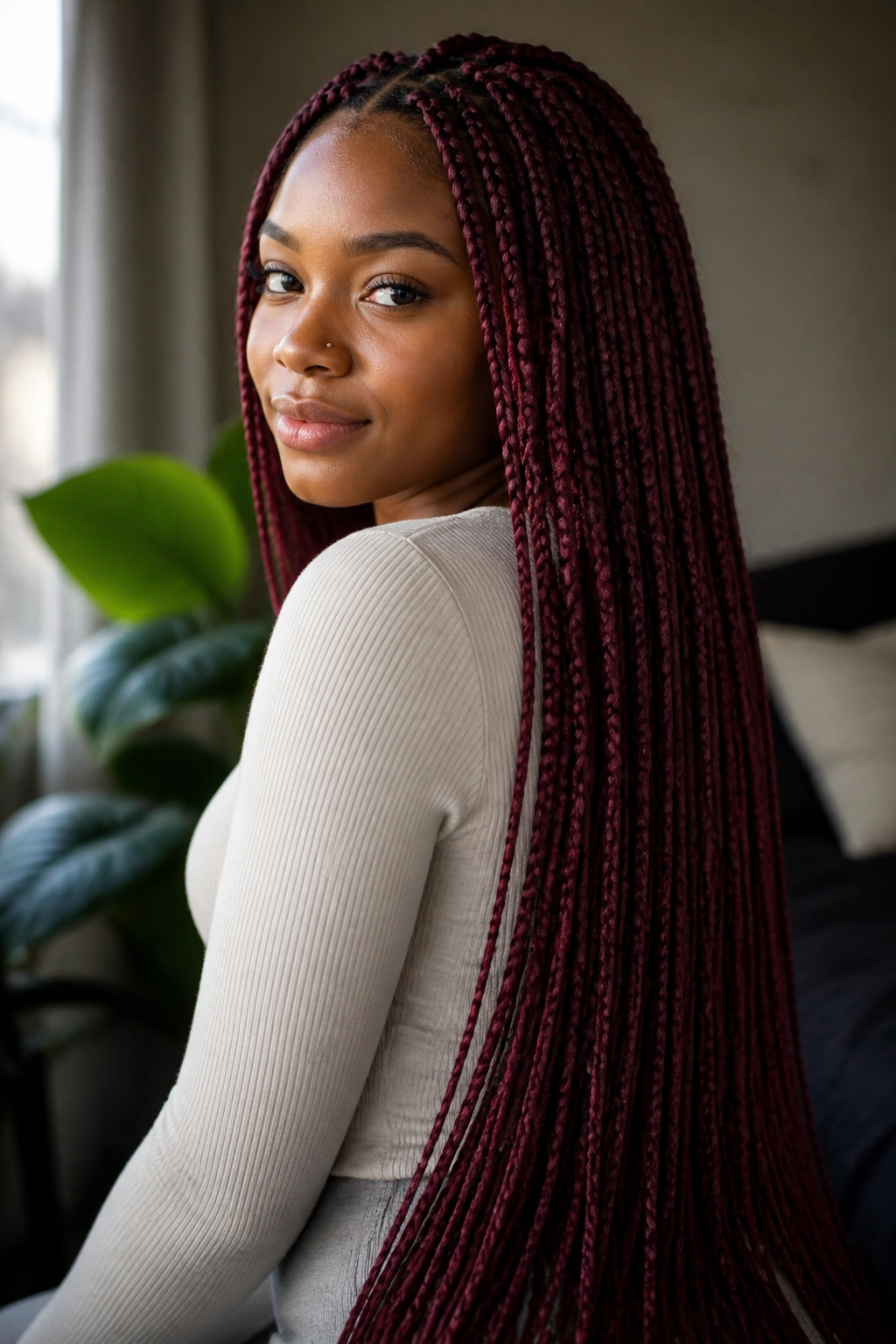 Close-up portrait of a woman with burgundy butt-length braids in warm window light