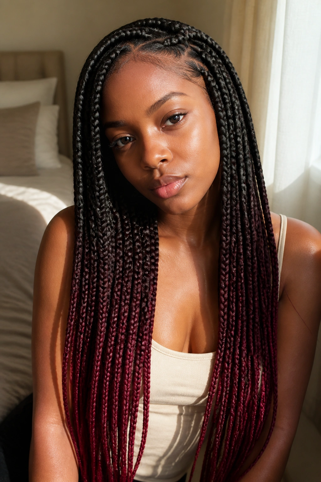Close-up of a real person with burgundy-tipped long box braids in a softly lit bedroom
