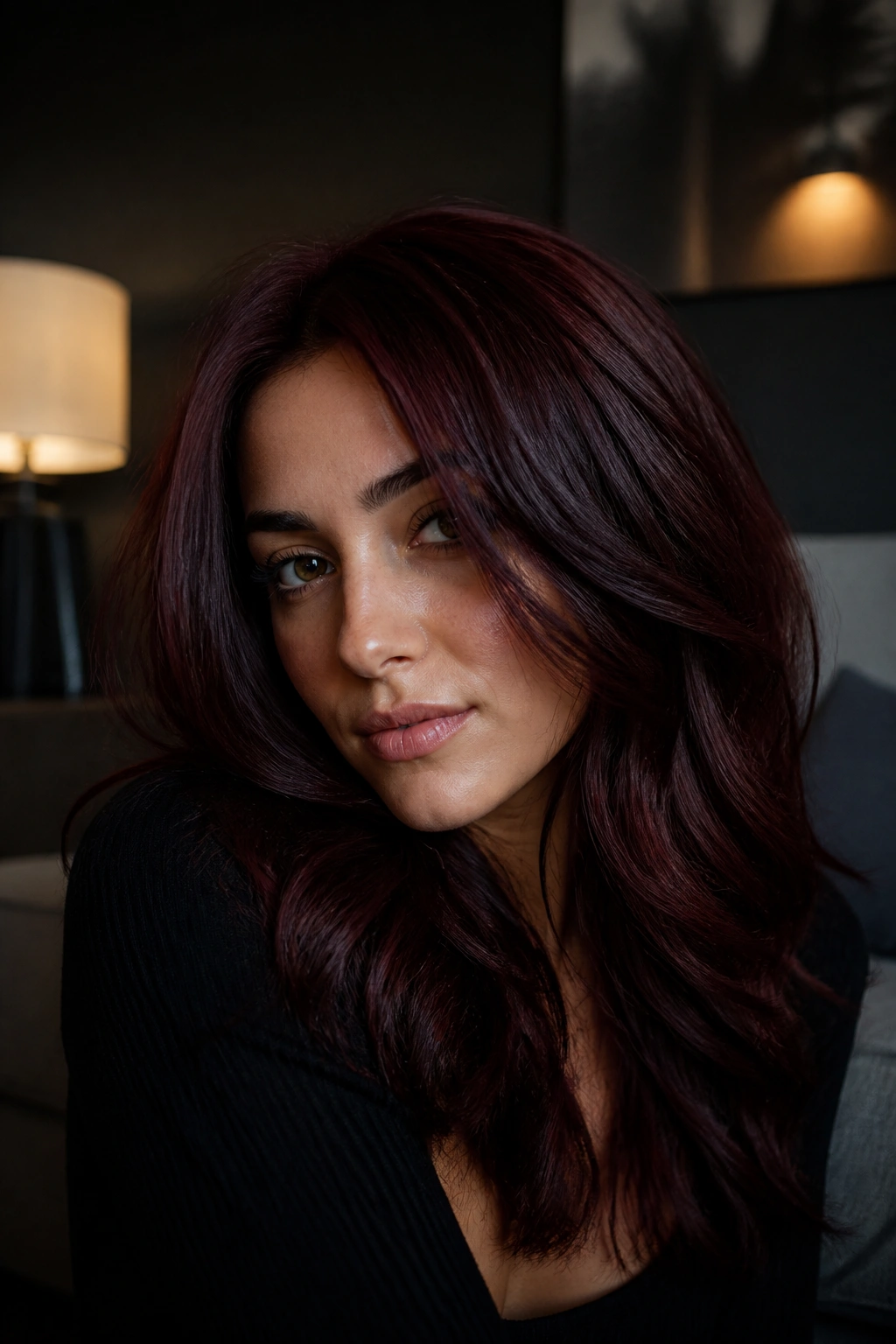 Close-up portrait of a real person with burgundy brown hair catching light