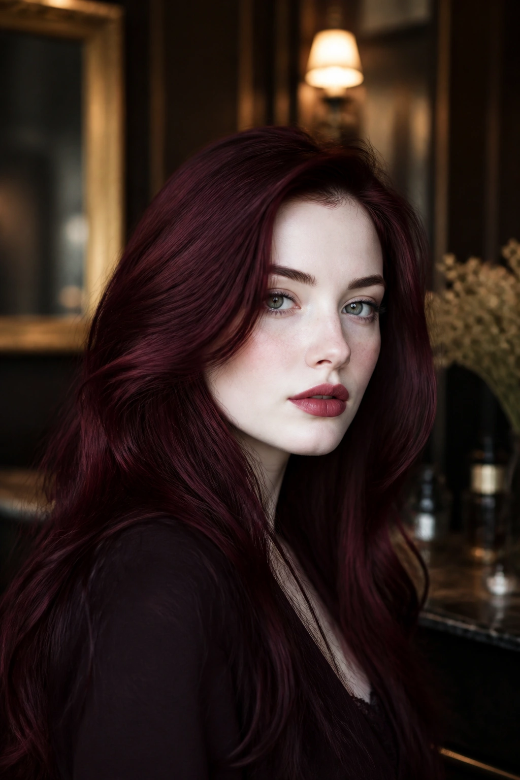 Portrait of a real person with deep burgundy hair against pale skin