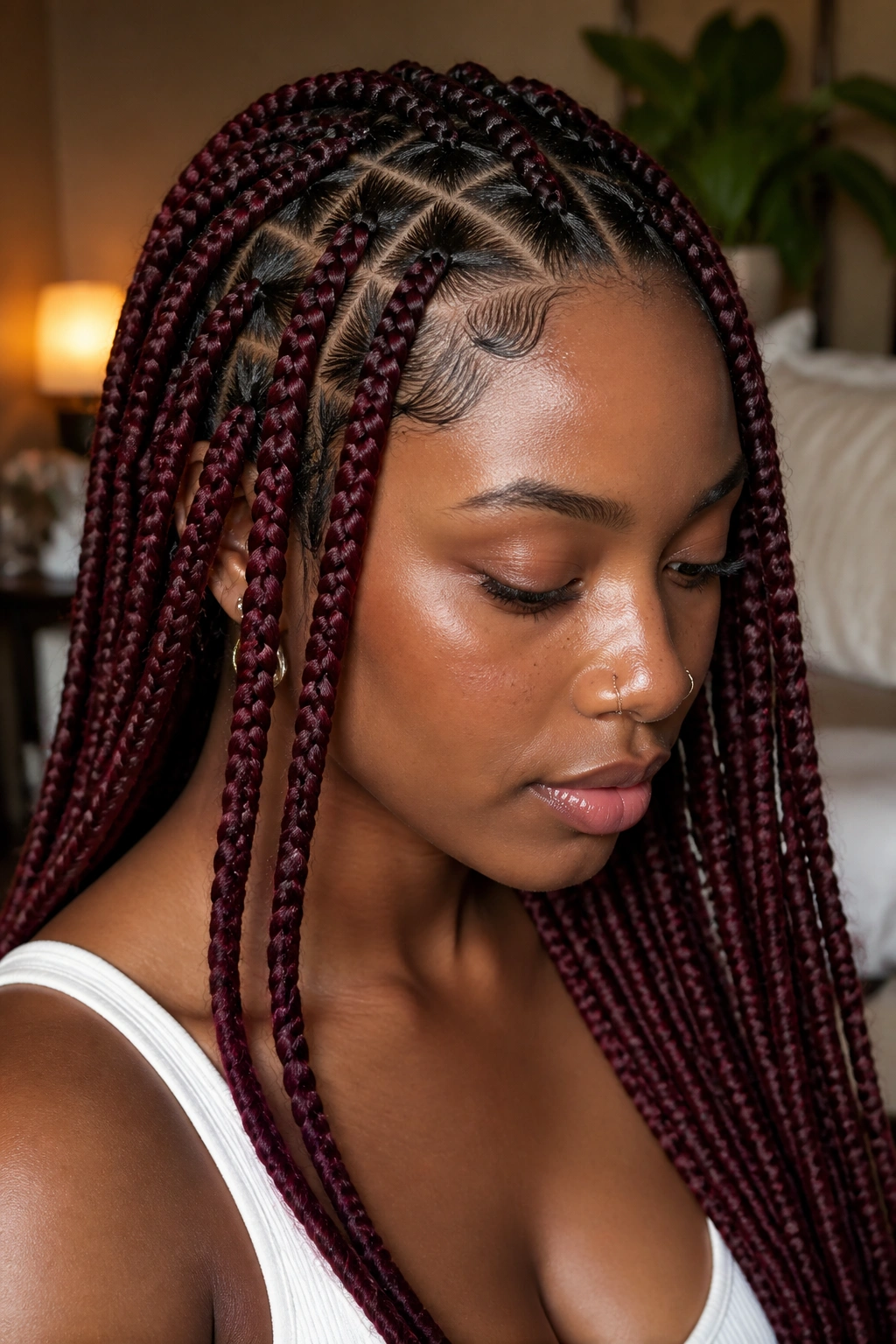 Close-up of burgundy knotless braids in red wine tones with triangle parts.
