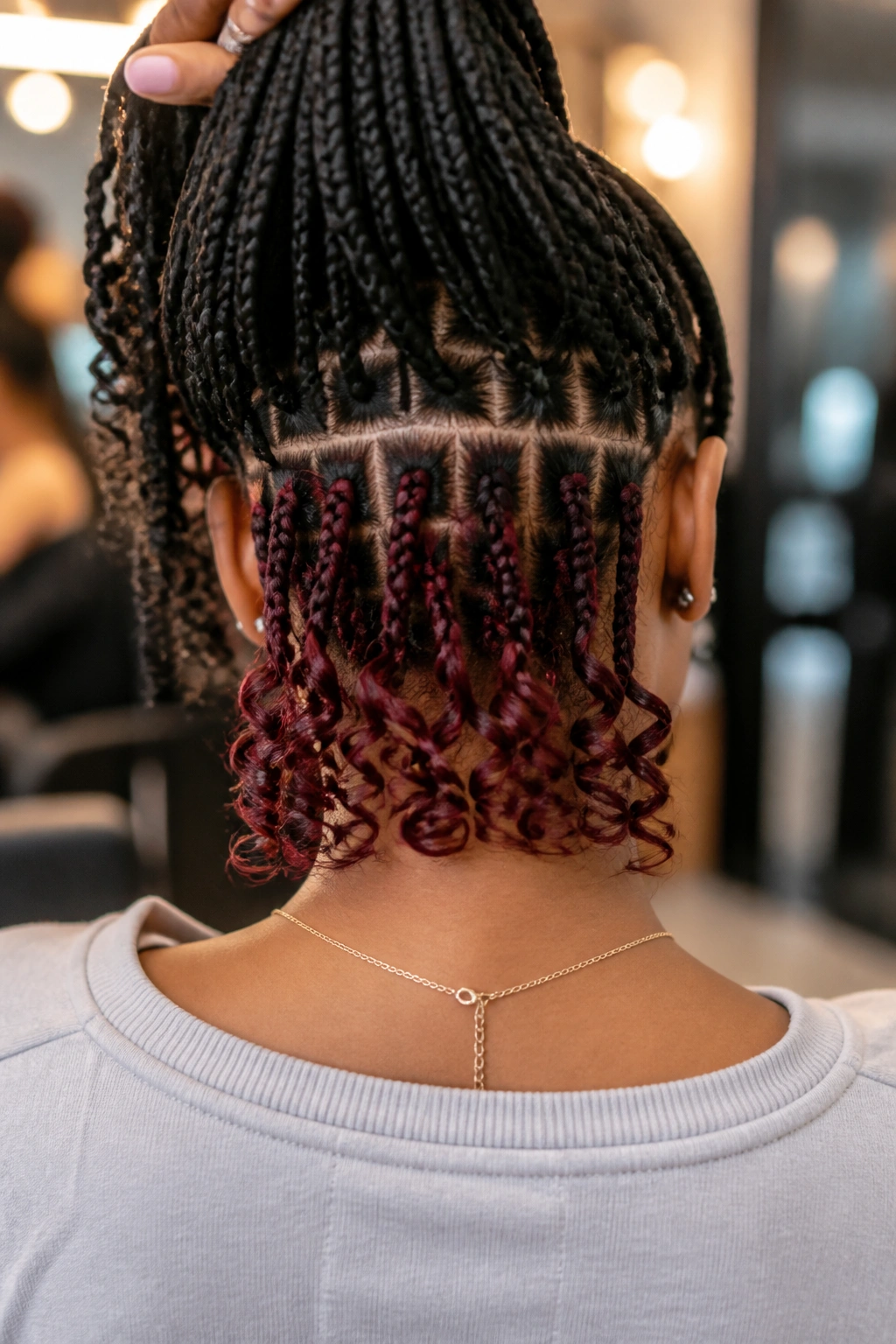 Back view of head showing burgundy nape reveal in braids