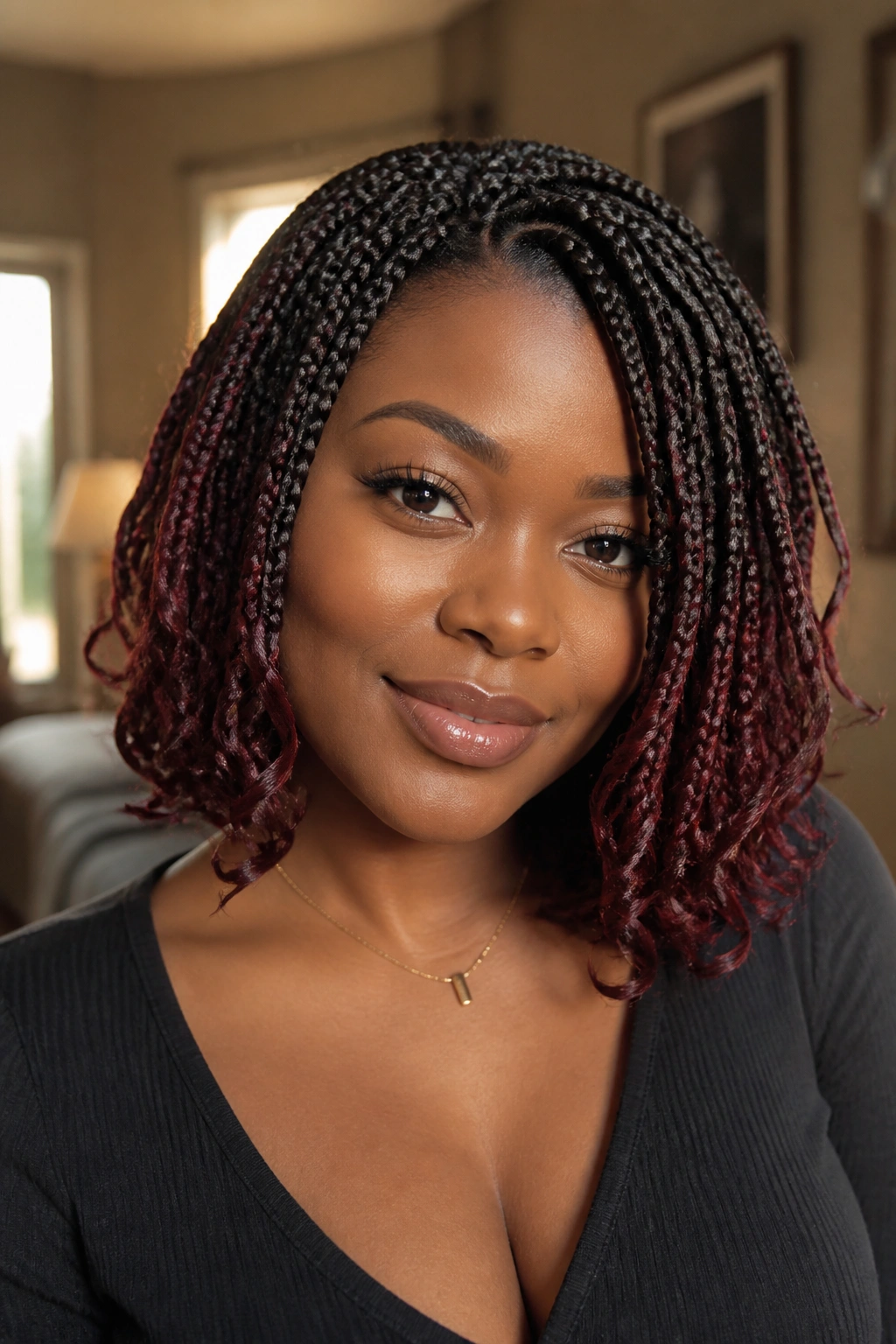Close-up portrait of a real woman with a burgundy ombre goddess bob.
