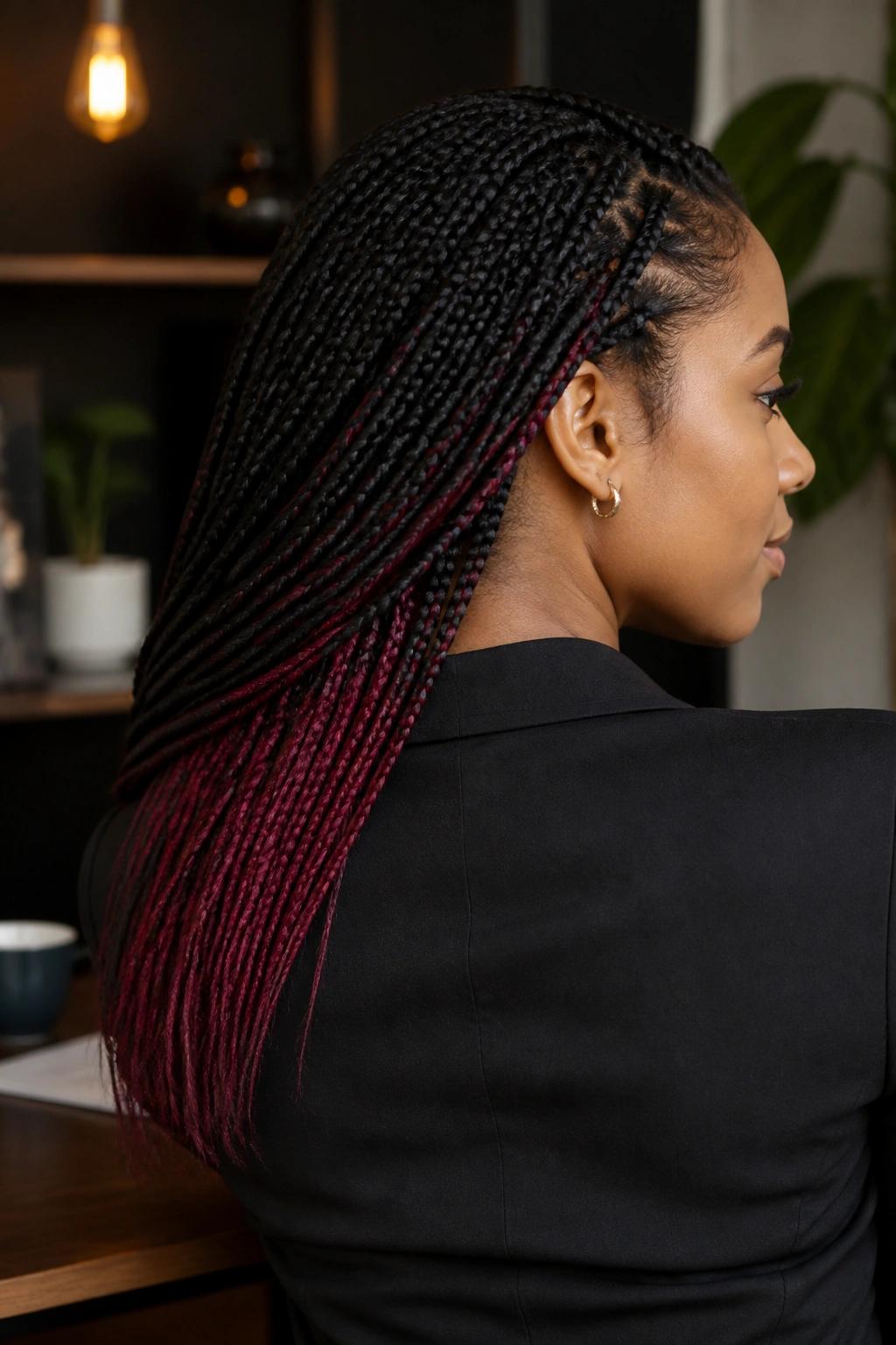 Side profile of a woman with burgundy back-layer peekaboos blending with black hair