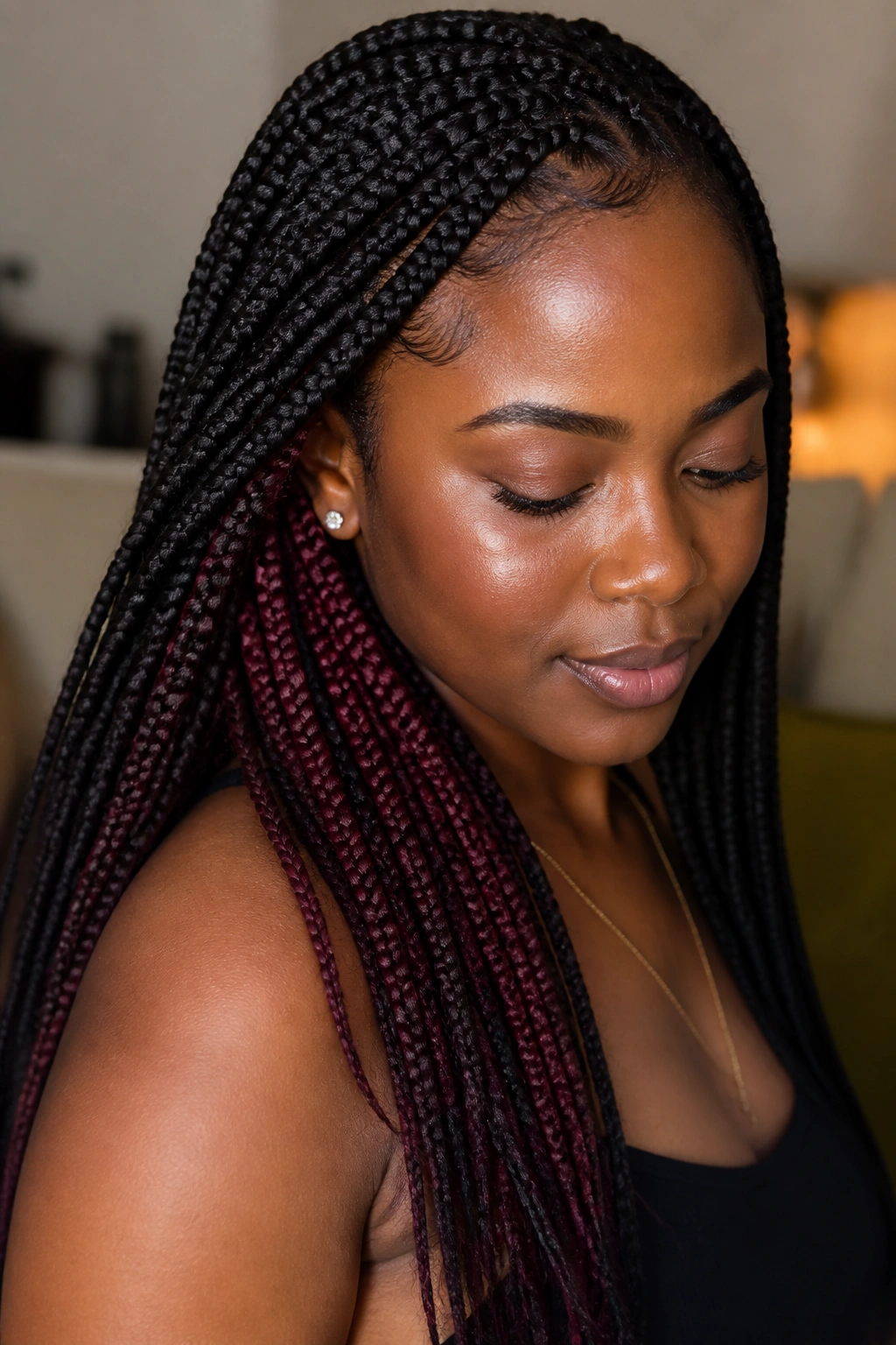 Close-up of burgundy under-layer peeking from knotless box braids.