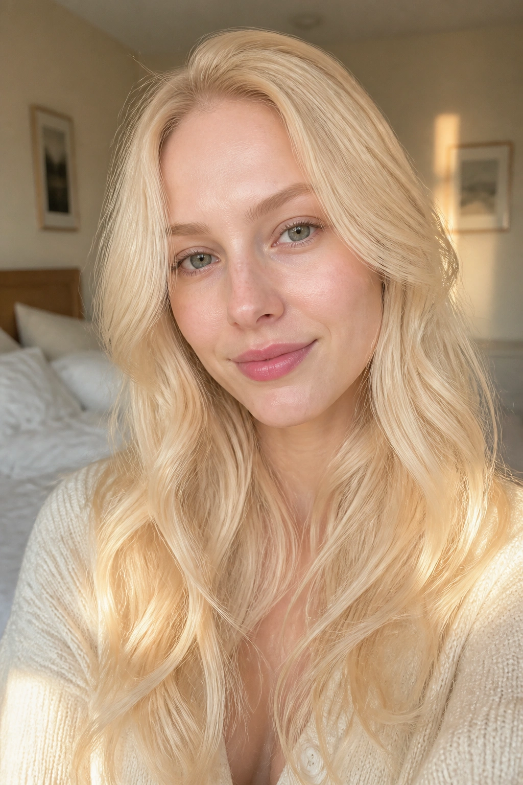 Close-up portrait of a real person with buttercream blonde hair and pale skin