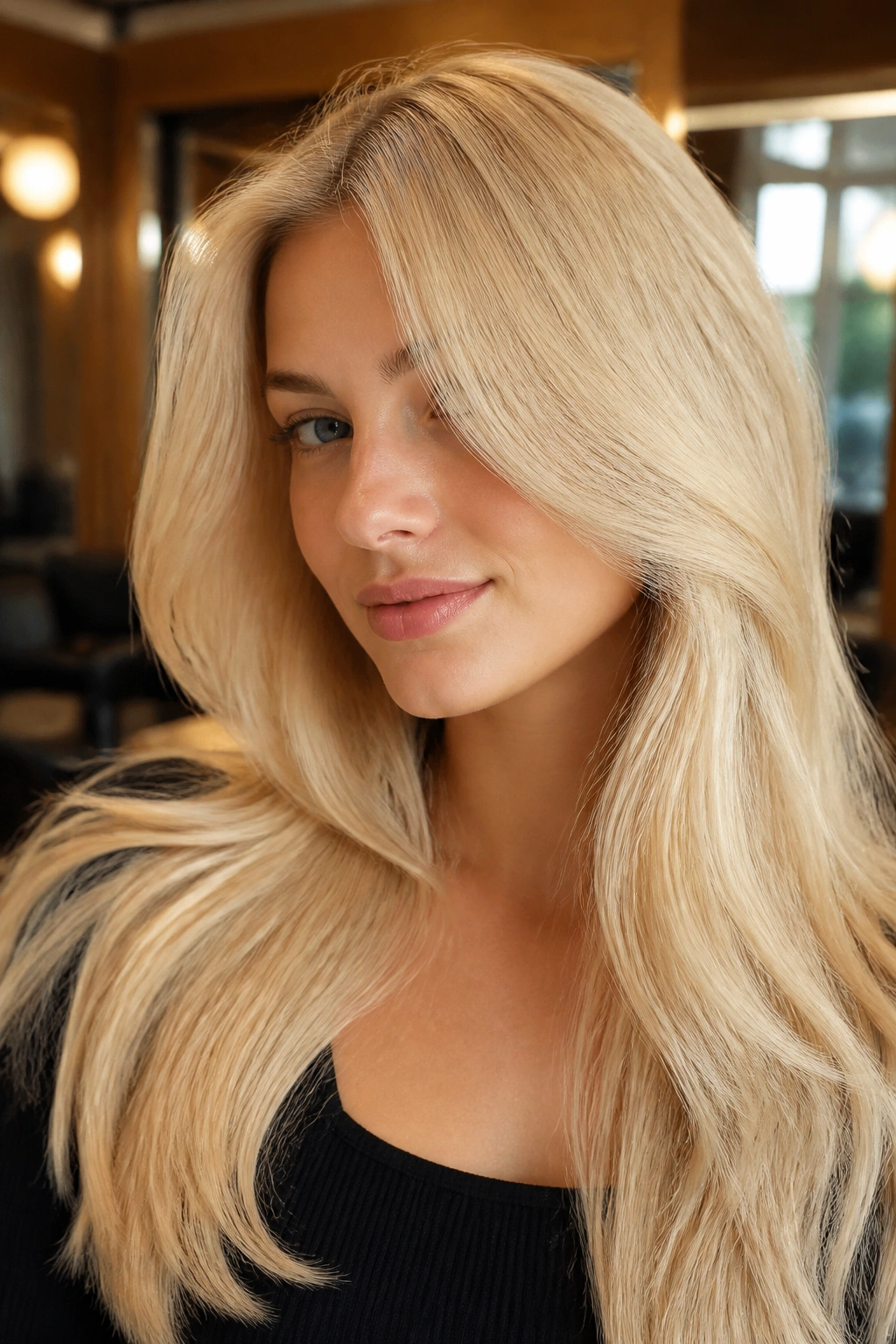 Close-up portrait of a real woman with warm pale yellow-gold Buttercream platinum hair in a sunlit salon