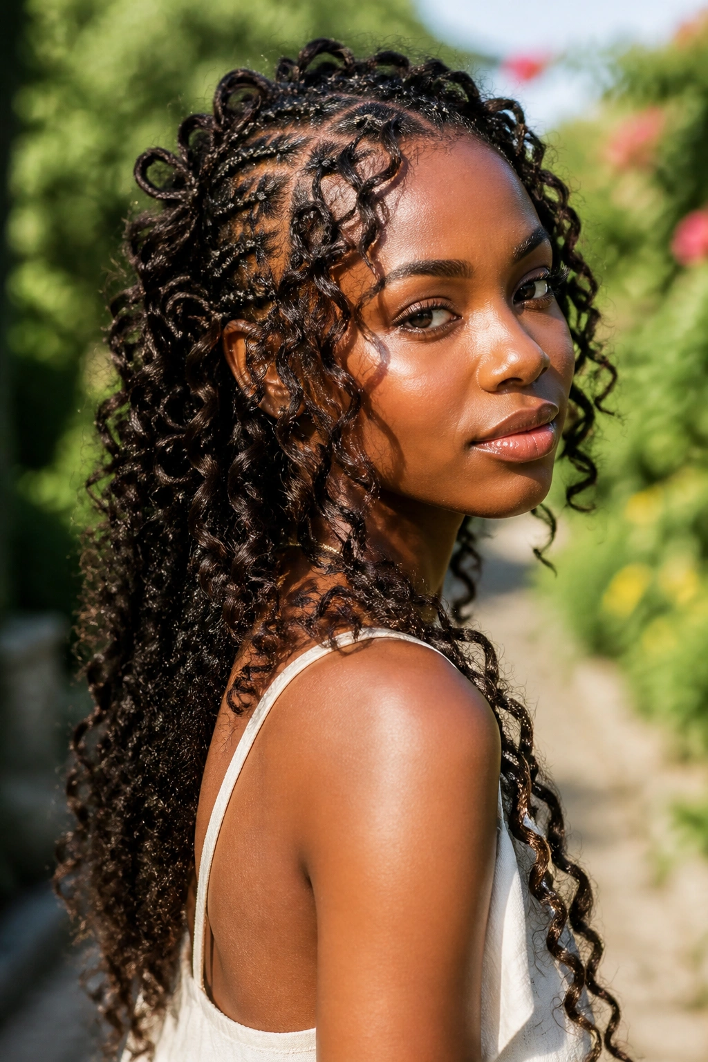 Real woman with butterfly loop braids integrated into boho curls
