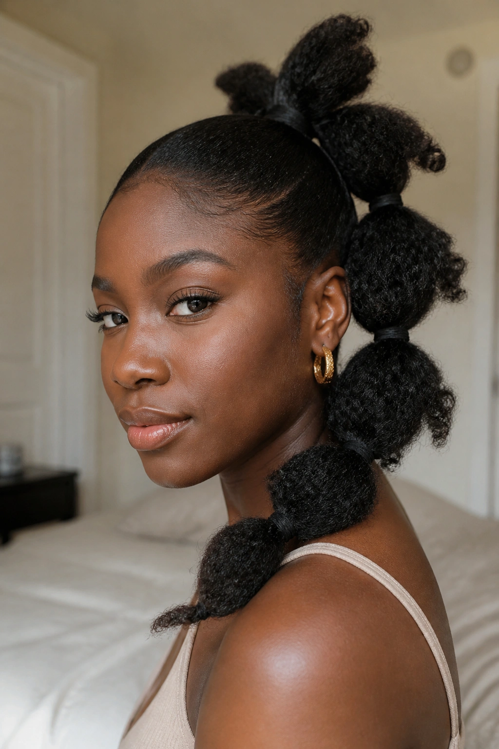 Close-up of real person with butterfly bubble braid featuring wing-like loops on textured 4c hair