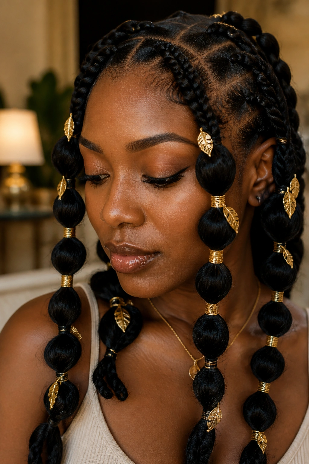 Real person with butterfly bubble braids accented by gold leaf in a warm stylish room