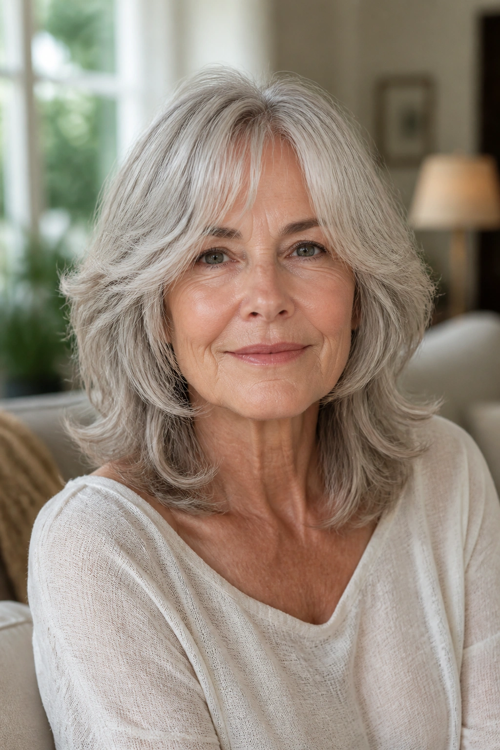 Close-up of an older woman with an airy butterfly cut hairstyle in soft window light