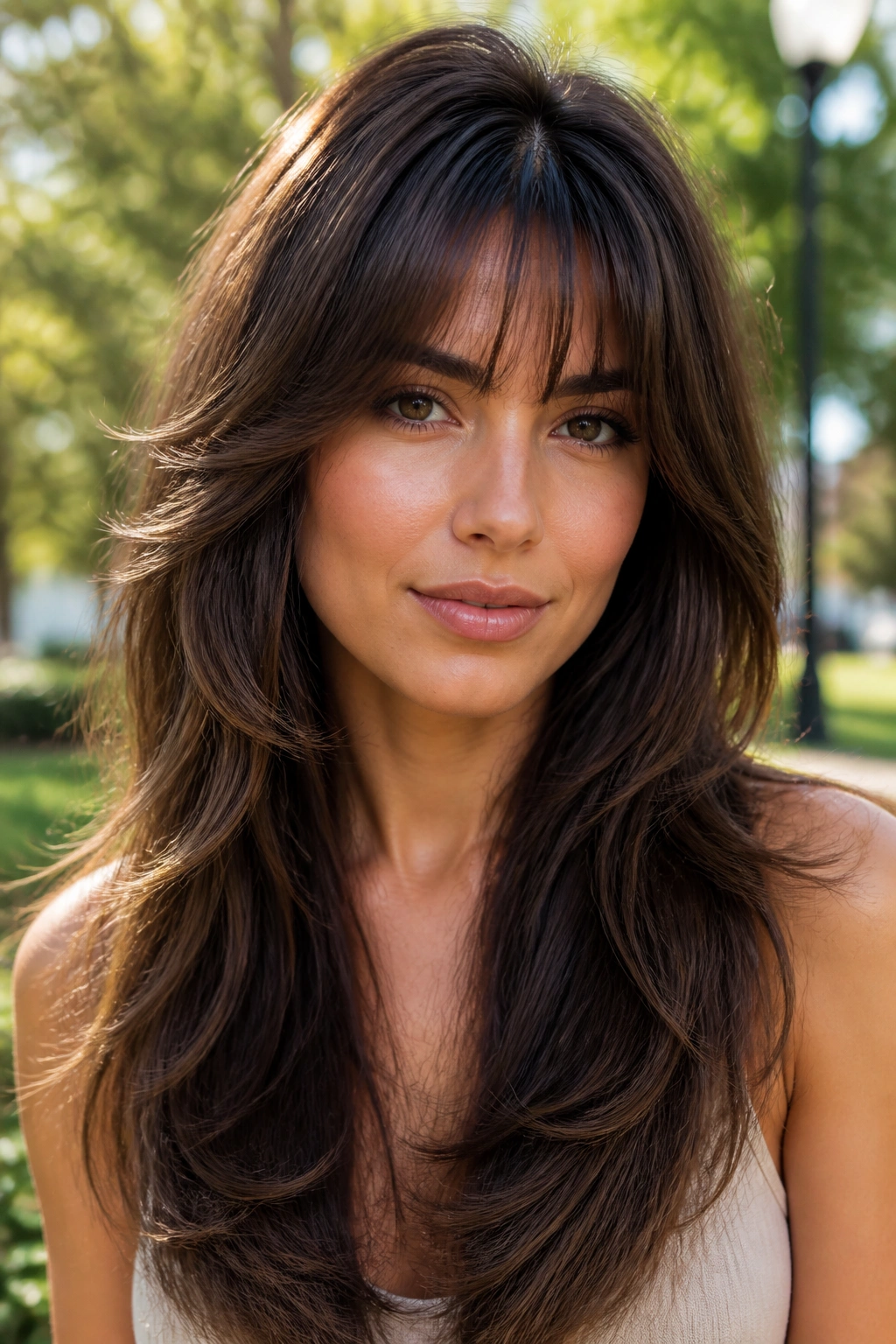 Close-up of a real woman with butterfly layers and bottleneck bangs in a sunny park