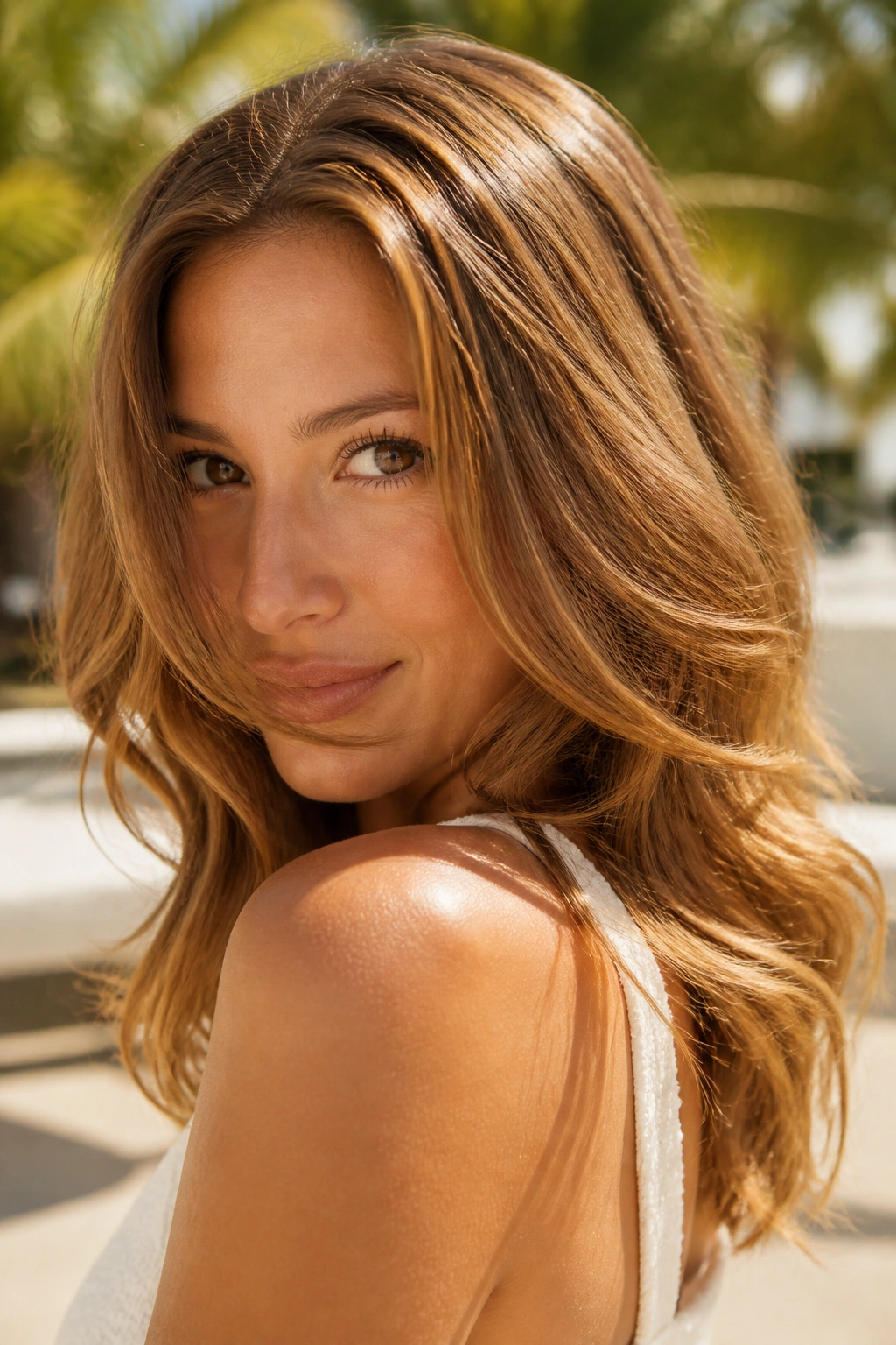 Close-up portrait of a woman with butterscotch brown hair
