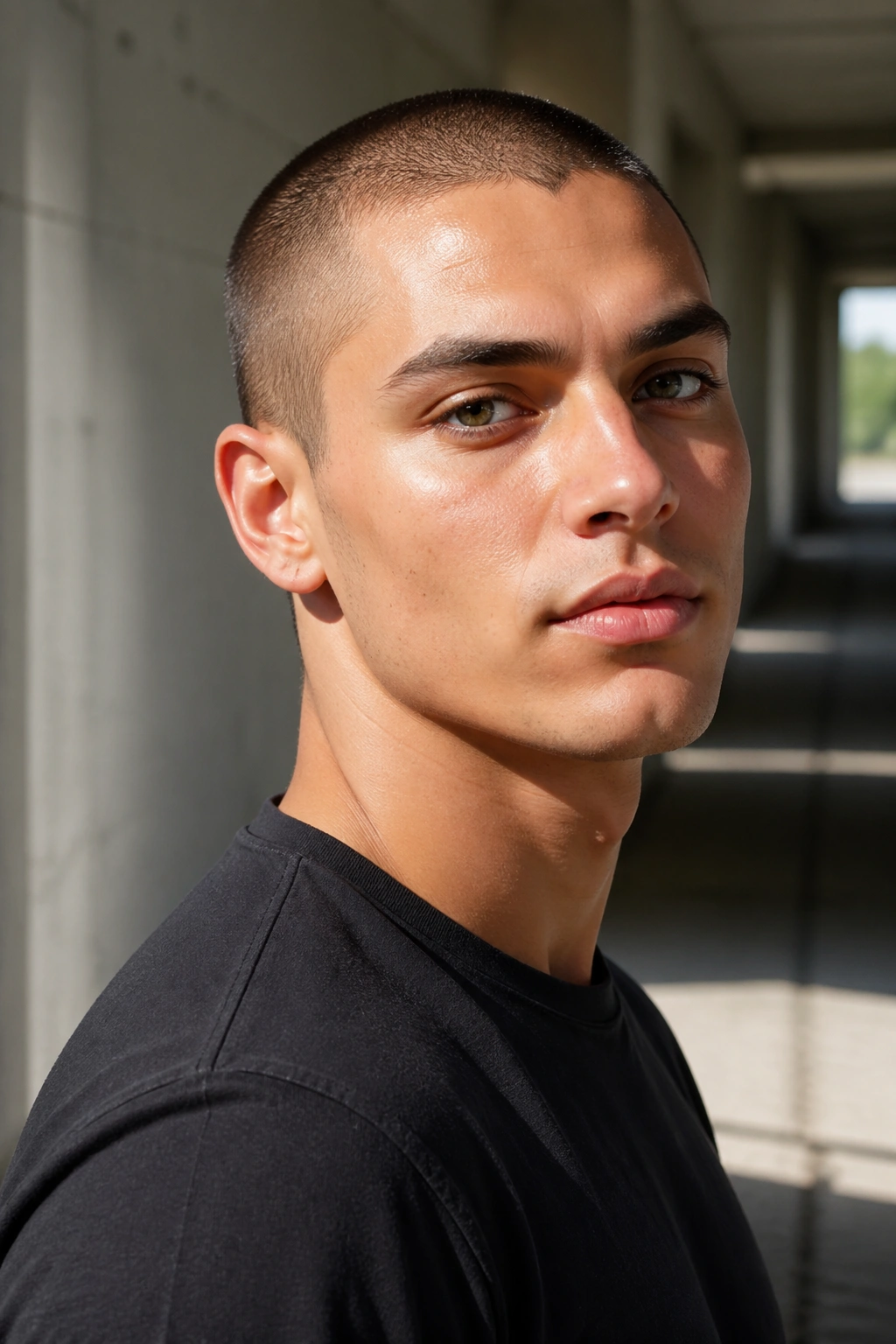 Close-up portrait of a person with a buzz cut in a bright hallway