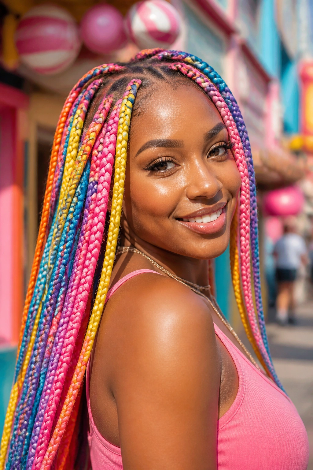 Close-up of a real woman's candy-bright rainbow box braids in pink, yellow, blue, purple, and orange.