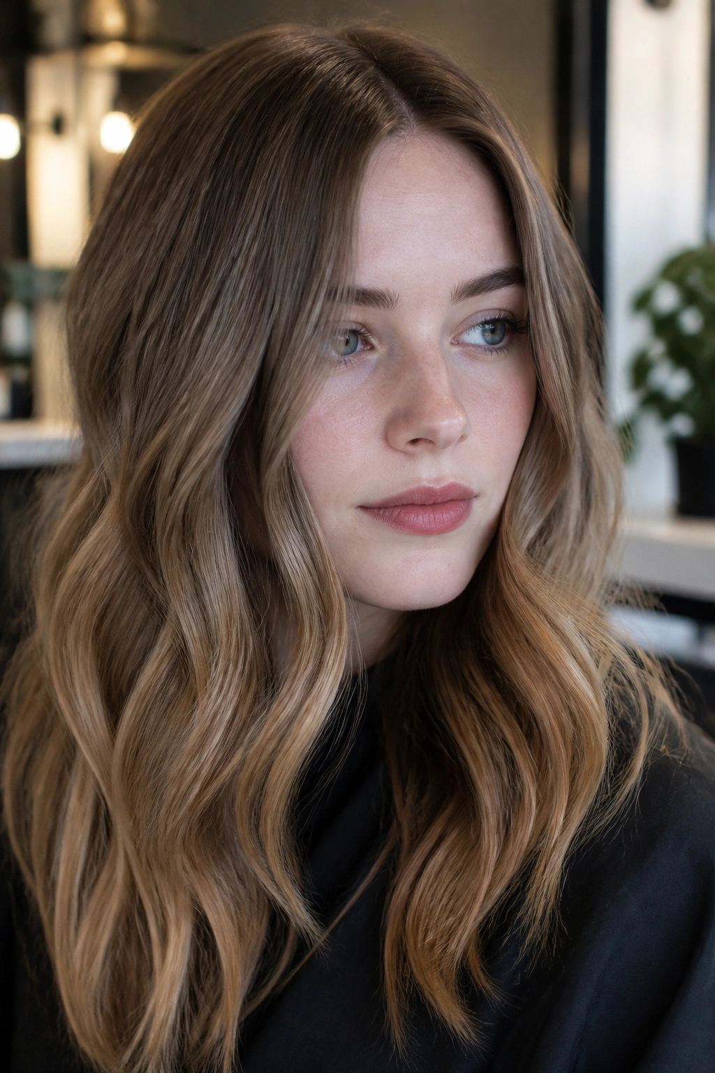 Portrait of a person with ash base hair and caramel balayage on pale skin